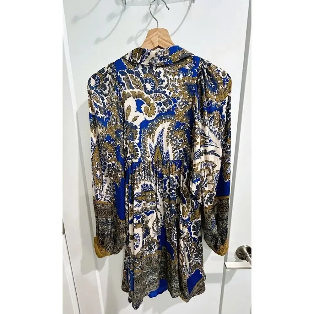 NWT Free People Boho Paisley Floral Mini Shift Dress Blue Cream Long Sleeve S